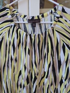 Dana Buchman Yellow, Black & White Zebra-Stripe Gathered Neck Blouse